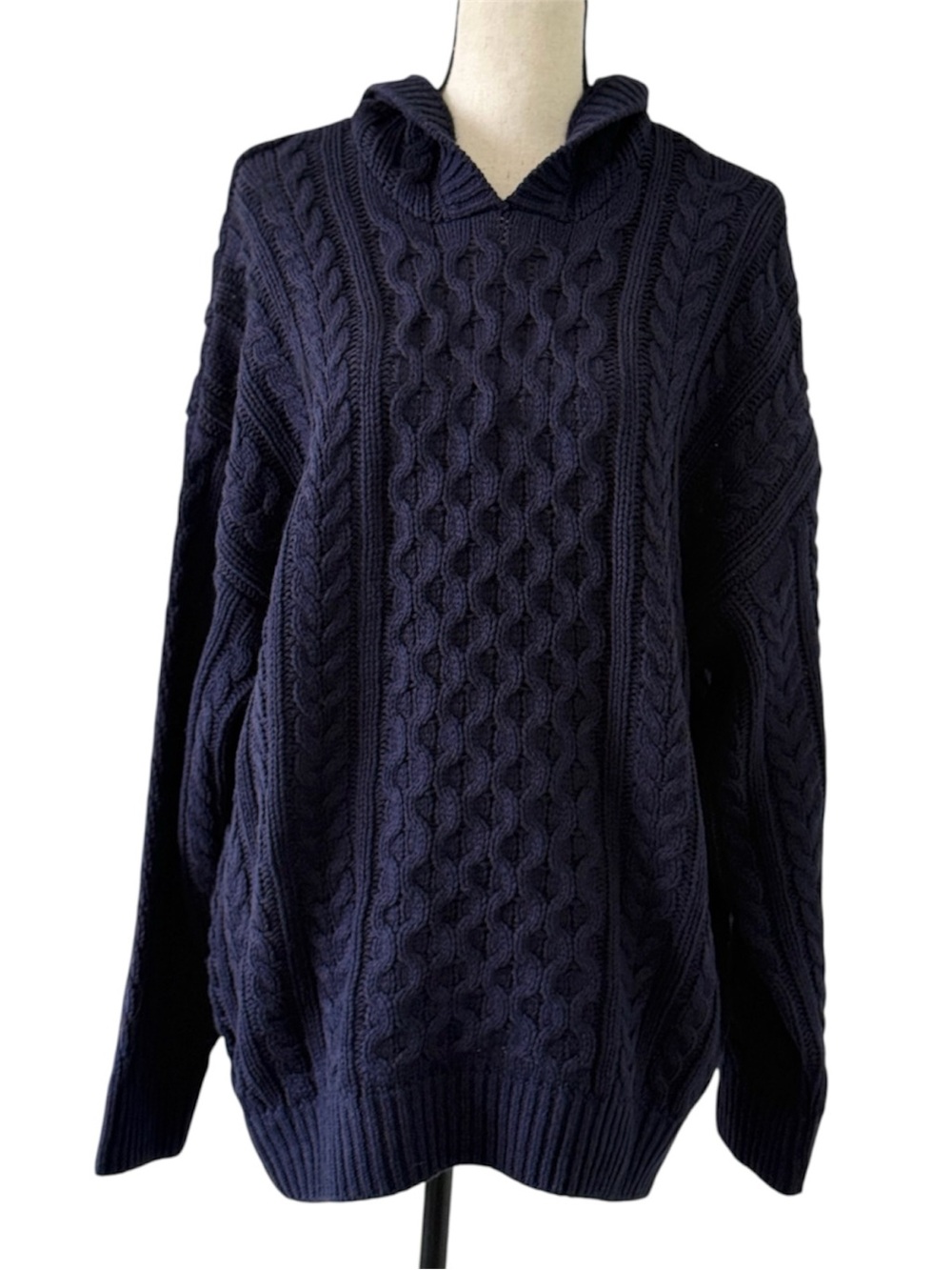 Cotton On Navy Cable Knit Hooded Sweater Cotton Blend Pullover Women’s Medium